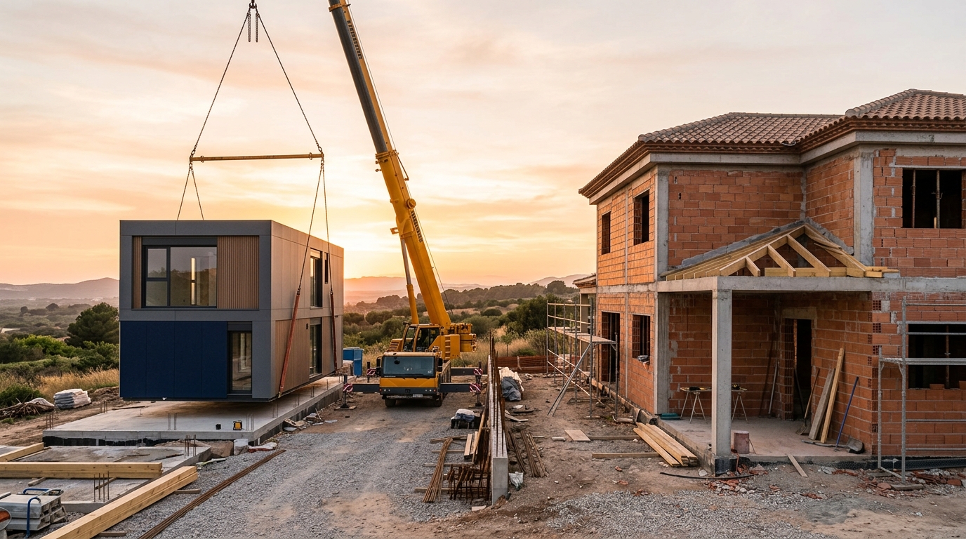 Módulo de vivienda prefabricada junto a una casa de ladrillo en construcción al atardecer