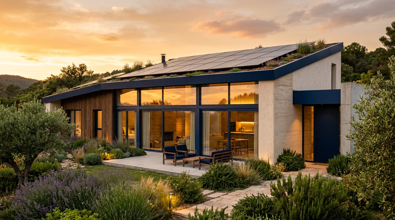 Vivienda unifamiliar eficiente con placas solares y grandes ventanales al atardecer