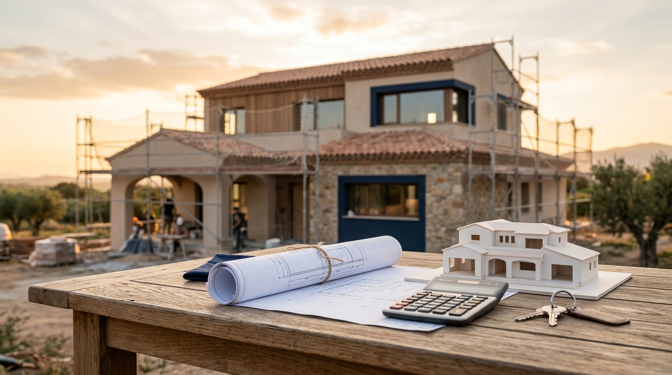 Mesa con planos, calculadora y maqueta frente a una casa unifamiliar en construcción al atardecer