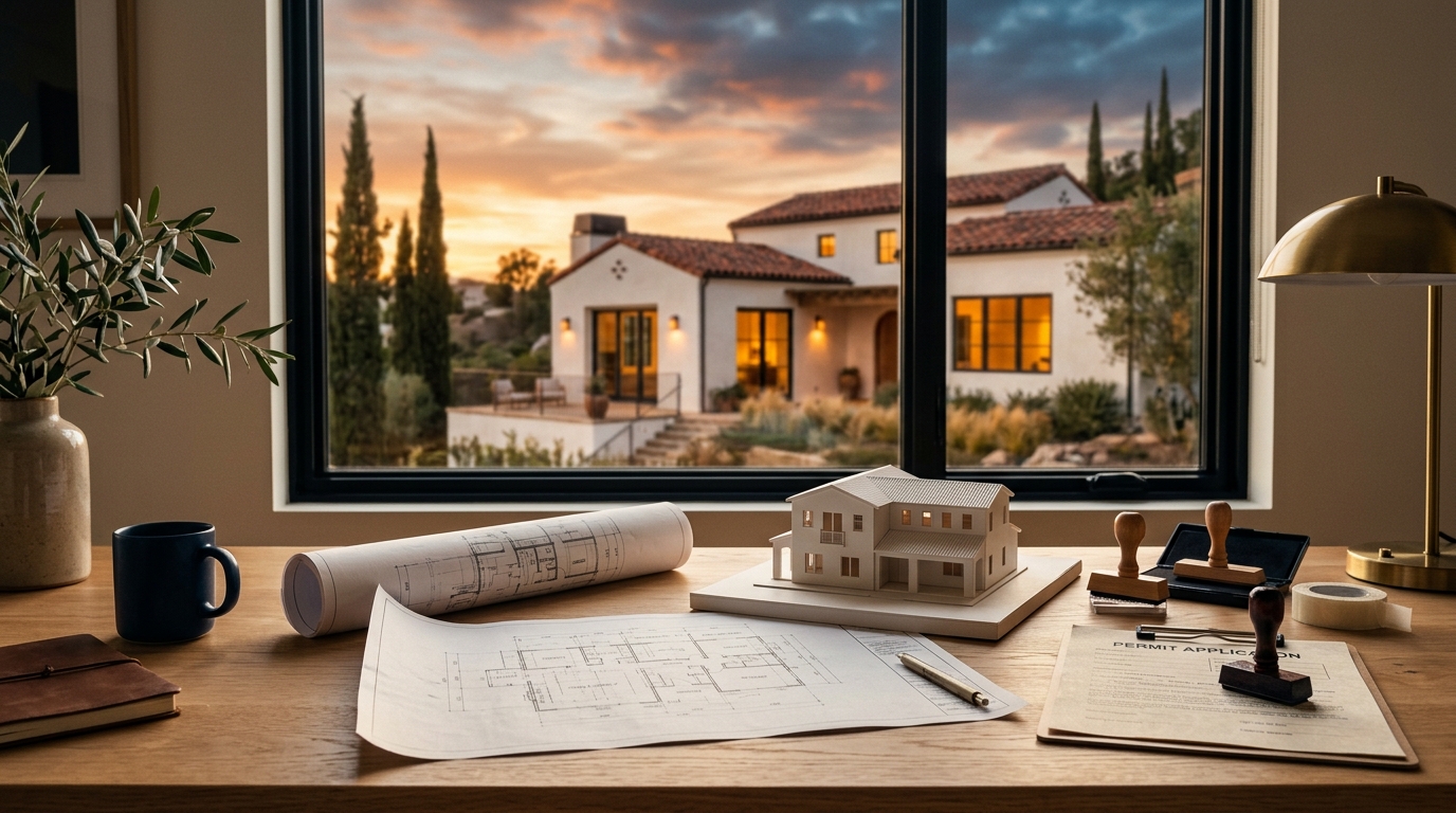 Mesa con licencia de obra, sellos y planos de una vivienda unifamiliar