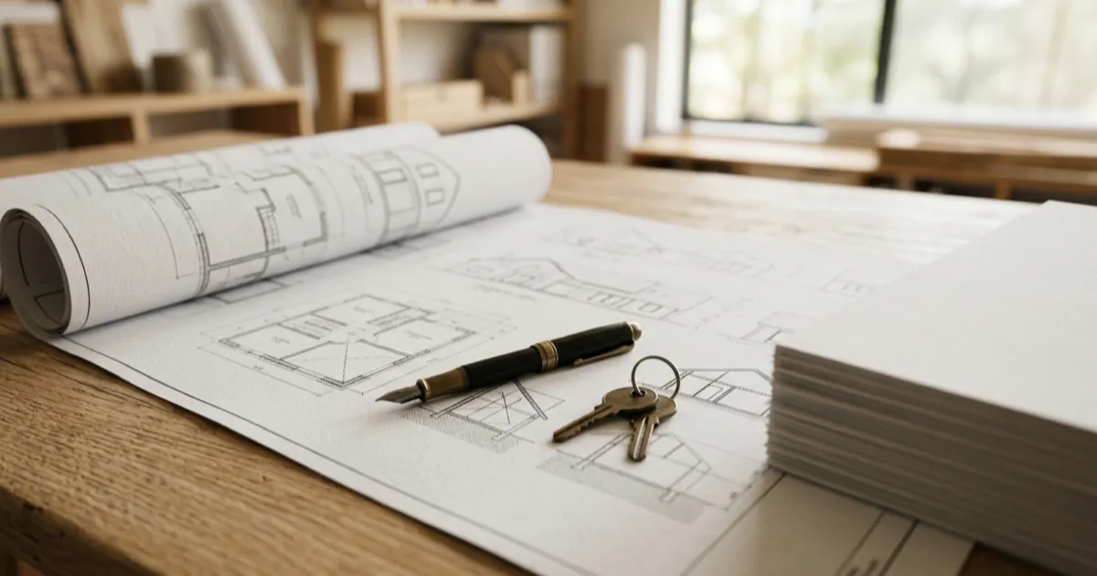 Planos de una vivienda unifamiliar extendidos sobre una mesa de madera con una pluma y unas llaves