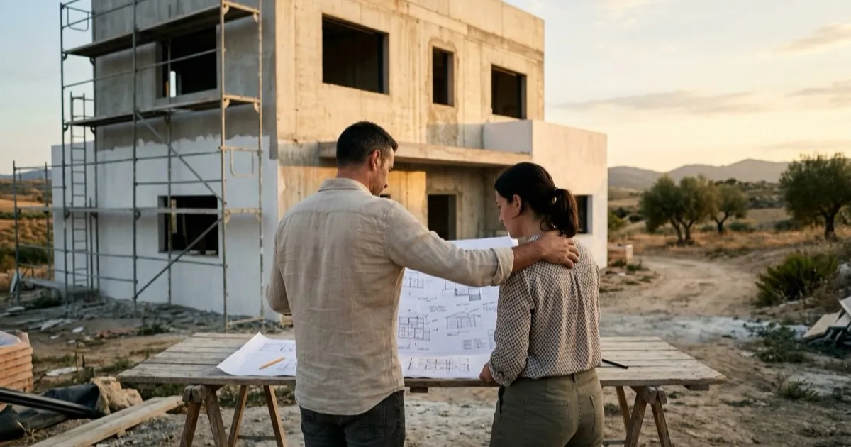Pareja revisando planos junto a su vivienda unifamiliar en construcción al atardecer